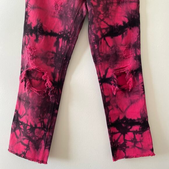 ALICE + OLIVIA Pink Black Tie Dye Genevieve Distressed Baggy Jeans - Picture 3 of 8